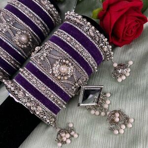 Beautiful Purple and Silver Bangle Set with Pearl Accents
